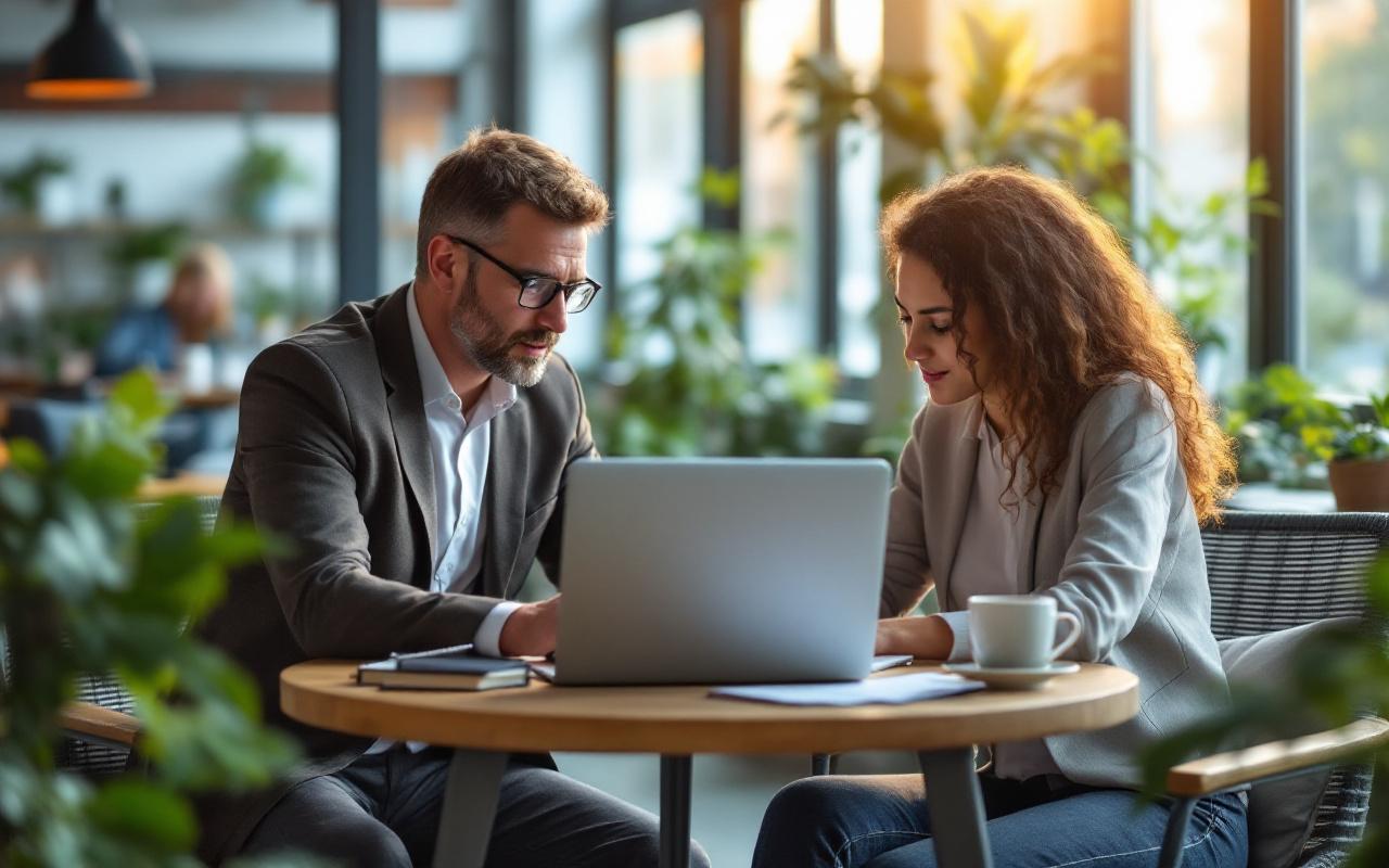 Un agent accompagne un vendeur autour d'un ordinateur portable dans un espace de travail moderne, assis &agrave; une table en bois avec des plantes et de grandes fen&ecirc;tres, l'ordinateur ouvert, des notes et une tasse de caf&eacute; visibles, la lumi&egrave;re naturelle du matin cr&eacute;e une ambiance chaleureuse et concentr&eacute;e aux tons bleus et verts.