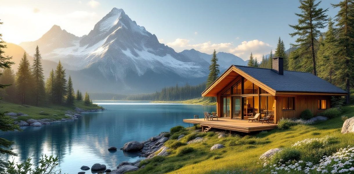 maison-en-bois-aux-grandes-baies-vitrees-donnant-sur-un-lac-calme-et-des-montagnes-enneigees-posee-sur-une-pente-herbeuse-avec-pins-et-fleurs-sauvages-au-premier-plan-terrasse-avec-chaises-lu