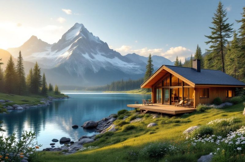 maison-en-bois-aux-grandes-baies-vitrees-donnant-sur-un-lac-calme-et-des-montagnes-enneigees-posee-sur-une-pente-herbeuse-avec-pins-et-fleurs-sauvages-au-premier-plan-terrasse-avec-chaises-lu