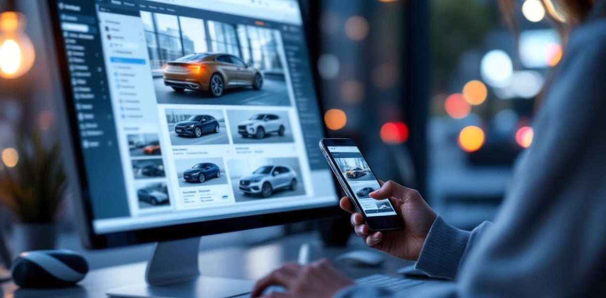 Une femme compare des annonces de voitures sur un ordinateur et un smartphone dans un environnement urbain moderne, ambiance éditoriale automobile.