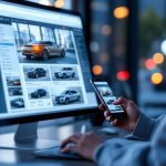 Une femme compare des annonces de voitures sur un ordinateur et un smartphone dans un environnement urbain moderne, ambiance éditoriale automobile.