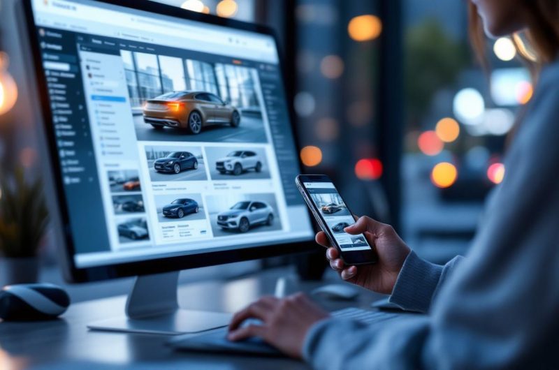 Une femme compare des annonces de voitures sur un ordinateur et un smartphone dans un environnement urbain moderne, ambiance éditoriale automobile.