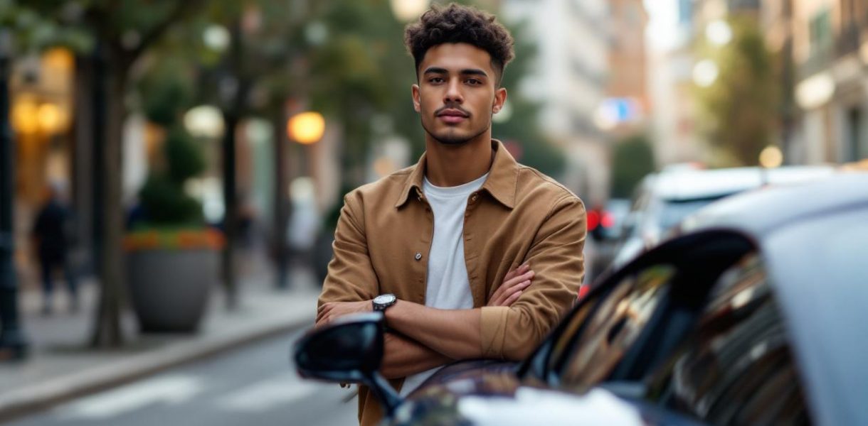 Portrait éditorial d’un jeune homme automobile influenceur près d’une supercar dans une rue urbaine premium, éclairage naturel et style magazine.