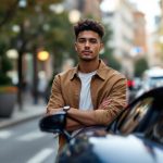 Portrait éditorial d’un jeune homme automobile influenceur près d’une supercar dans une rue urbaine premium, éclairage naturel et style magazine.