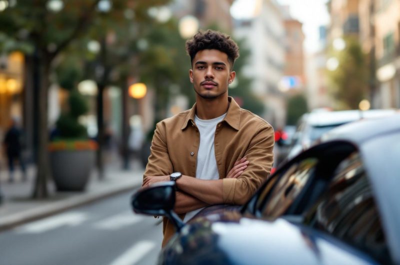Portrait éditorial d’un jeune homme automobile influenceur près d’une supercar dans une rue urbaine premium, éclairage naturel et style magazine.