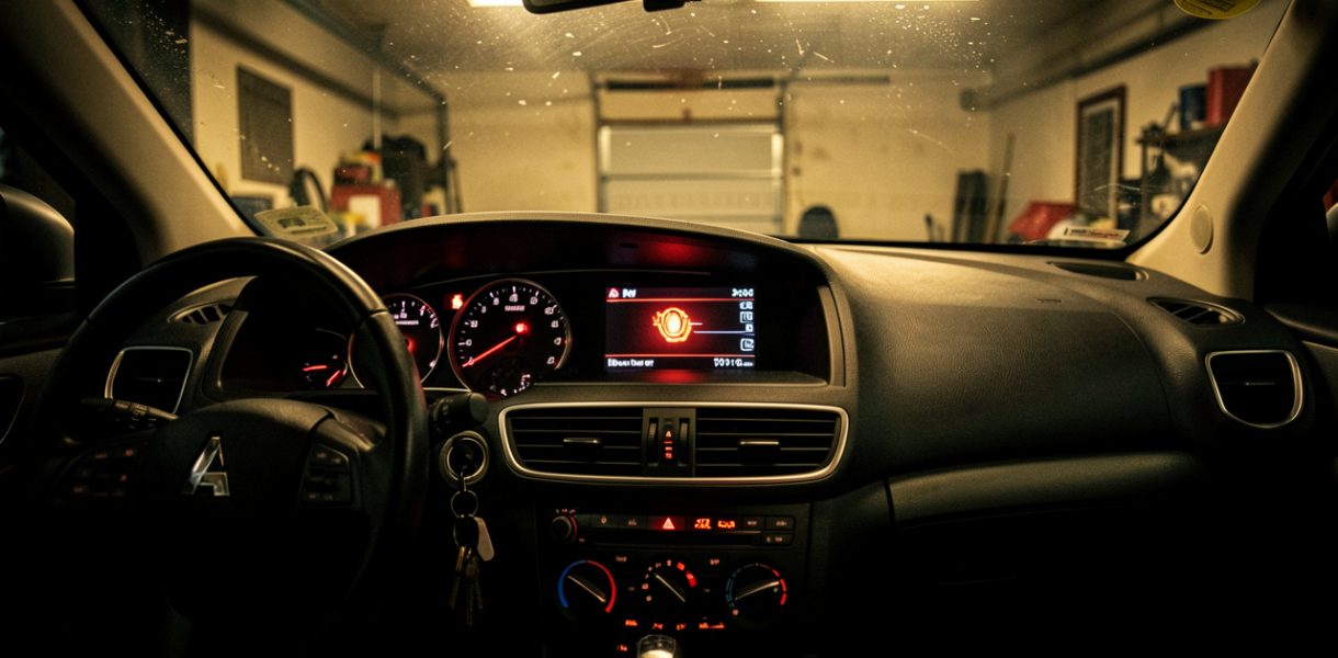 Tableau de bord de voiture dans une ambiance de garage, avec le voyant moteur allumé et des reflets sur le verre sous une lumière chaude.