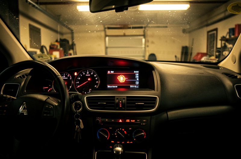 Tableau de bord de voiture dans une ambiance de garage, avec le voyant moteur allumé et des reflets sur le verre sous une lumière chaude.