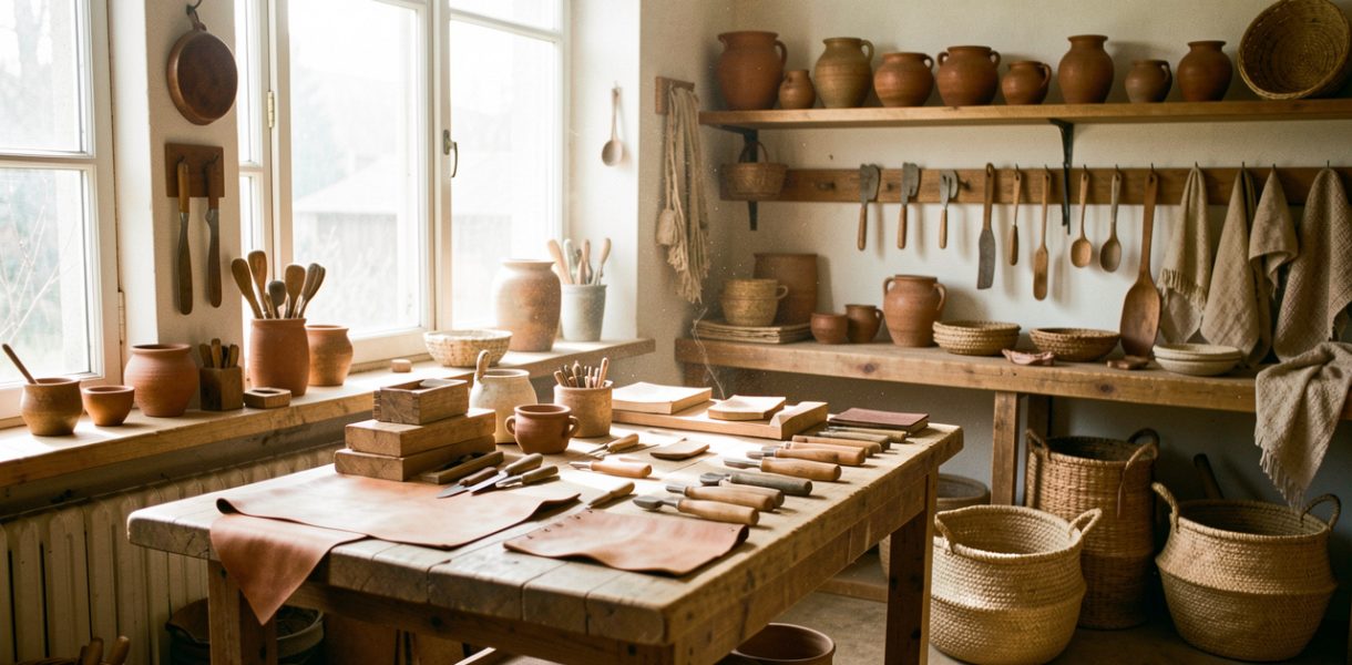 Atelier artisanal lumineux présentant des outils, du bois, du cuir, de la céramique et diverses pièces fabriquées à la main dans une ambiance authentique.