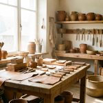 Atelier artisanal lumineux présentant des outils, du bois, du cuir, de la céramique et diverses pièces fabriquées à la main dans une ambiance authentique.