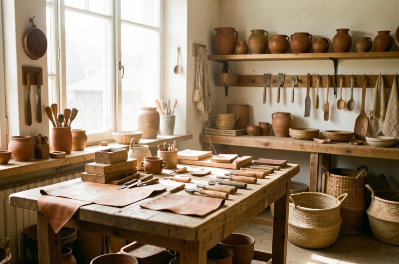 Atelier artisanal lumineux présentant des outils, du bois, du cuir, de la céramique et diverses pièces fabriquées à la main dans une ambiance authentique.