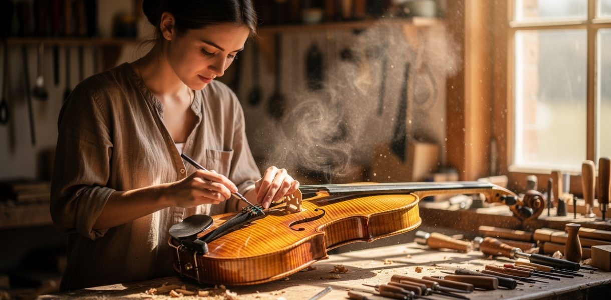 Jeune adulte dans un atelier de lutherie, travaillant un violon en bois sur un établi lumineux.