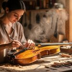 Jeune adulte dans un atelier de lutherie, travaillant un violon en bois sur un établi lumineux.