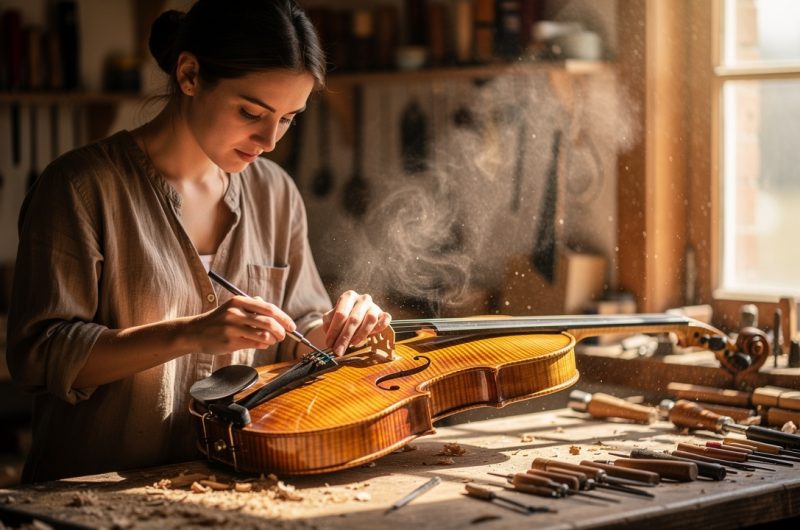 Jeune adulte dans un atelier de lutherie, travaillant un violon en bois sur un établi lumineux.