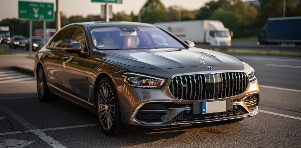 Berline de luxe d’occasion stationnée sur une aire d’autoroute, éclairage doux et ambiance réaliste, mettant en valeur le confort routier et le détail de la voiture.