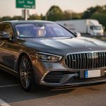 Berline de luxe d’occasion stationnée sur une aire d’autoroute, éclairage doux et ambiance réaliste, mettant en valeur le confort routier et le détail de la voiture.