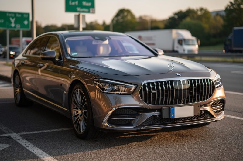 Berline de luxe d’occasion stationnée sur une aire d’autoroute, éclairage doux et ambiance réaliste, mettant en valeur le confort routier et le détail de la voiture.