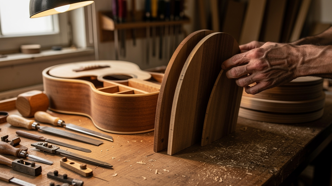 Détail d’un atelier de luthier : éclisses de guitare en bois, outils à main disposés sur une table et réglage d’un instrument à cordes.