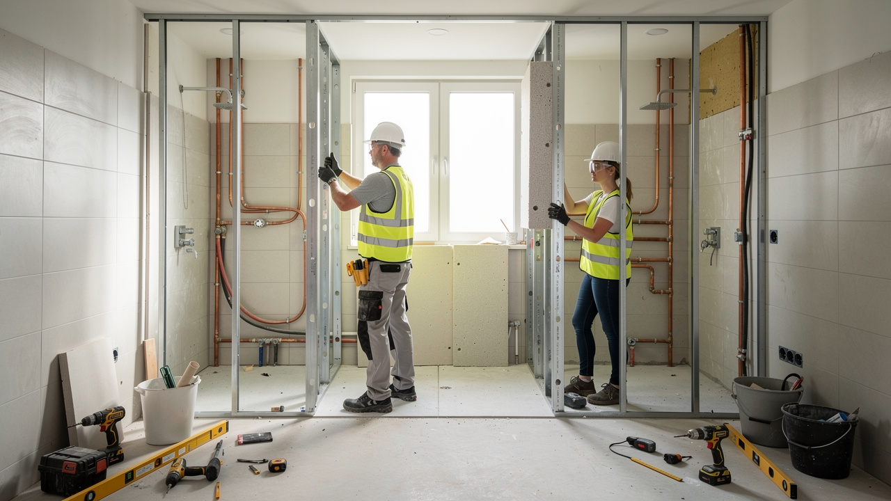 Un homme et une femme artisans réalisent l’isolation et l’aménagement d’une salle de bain moderne en cours de rénovation, sur un chantier propre et soigneusement organisé.