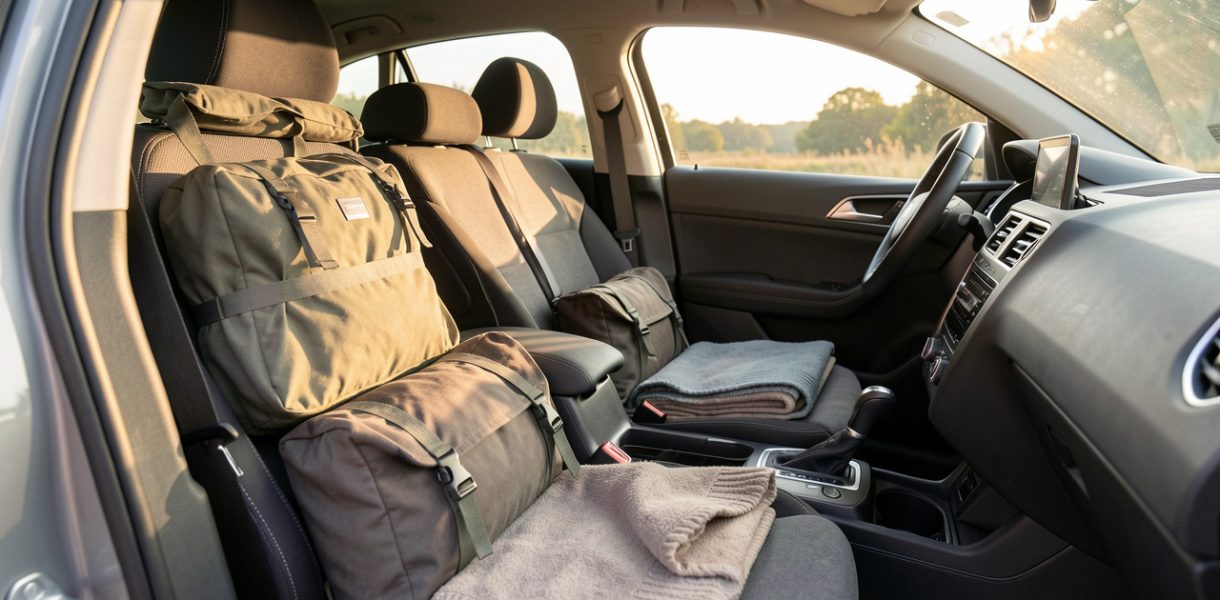 Habitacle moderne d’une voiture prêt pour un voyage, avec des bagages soigneusement rangés et baigné par une douce lumière matinale.