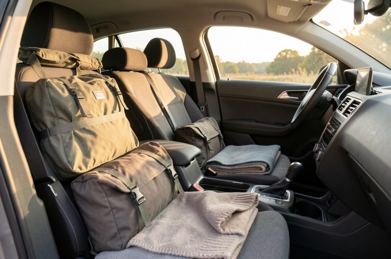 Habitacle moderne d’une voiture prêt pour un voyage, avec des bagages soigneusement rangés et baigné par une douce lumière matinale.