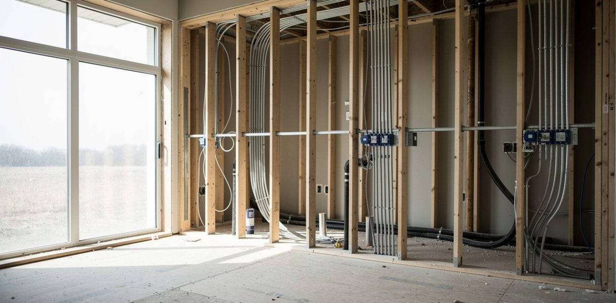 Intérieur d’une maison en rénovation complète, avec murs ouverts laissant apparaître les gaines électriques, la plomberie et la structure en bois, éclairé par la lumière naturelle.