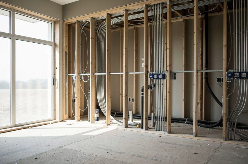 Intérieur d’une maison en rénovation complète, avec murs ouverts laissant apparaître les gaines électriques, la plomberie et la structure en bois, éclairé par la lumière naturelle.
