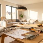Salon lumineux en cours d’aménagement avec plans architecturaux, échantillons de bois, pierre et tissus disposés sur une table.