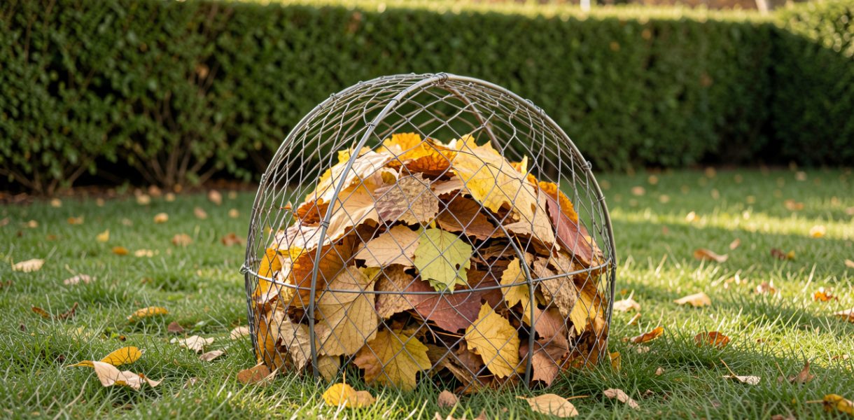 Cage grillagée remplie de feuilles mortes dorées dans un jardin familial en automne, avec une haie en arrière-plan.