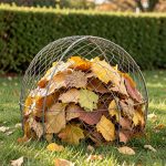 Cage grillagée remplie de feuilles mortes dorées dans un jardin familial en automne, avec une haie en arrière-plan.