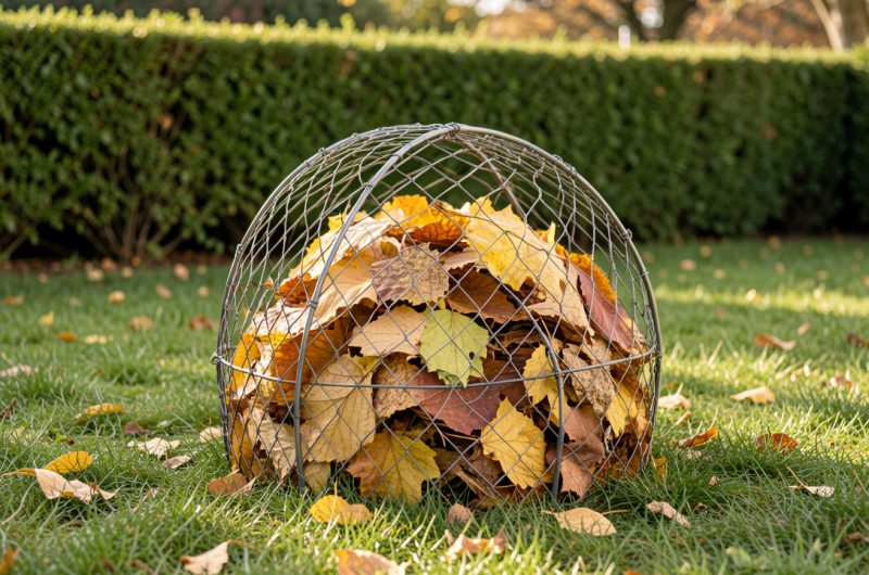Cage grillagée remplie de feuilles mortes dorées dans un jardin familial en automne, avec une haie en arrière-plan.