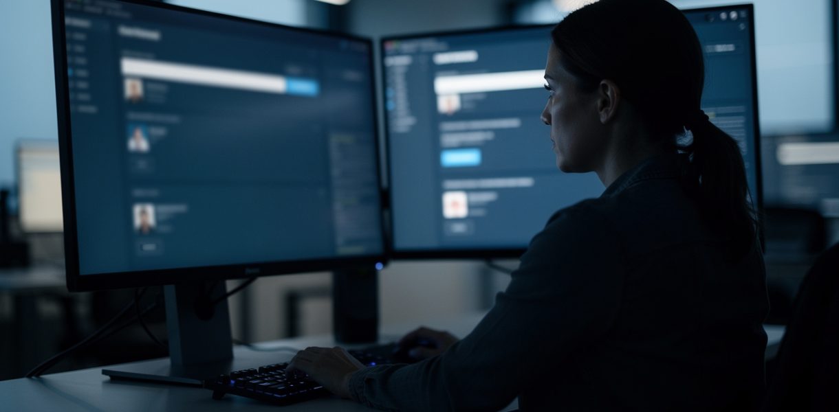 Une femme consulte un ordinateur affichant une interface de recherche avec des informations personnelles floutées, dans une ambiance sobre de cybersécurité.