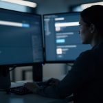 Une femme consulte un ordinateur affichant une interface de recherche avec des informations personnelles floutées, dans une ambiance sobre de cybersécurité.