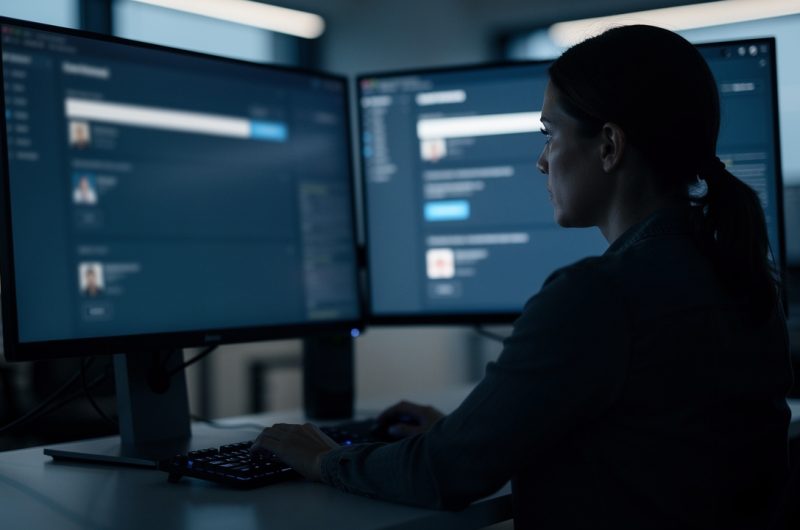 Une femme consulte un ordinateur affichant une interface de recherche avec des informations personnelles floutées, dans une ambiance sobre de cybersécurité.