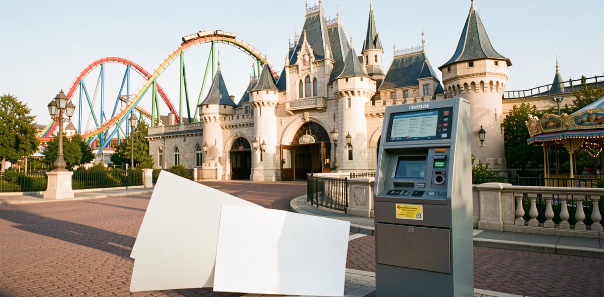Entrée élégante d’un parc d’attractions européen avec un kiosque de billetterie moderne et un billet vierge au premier plan.