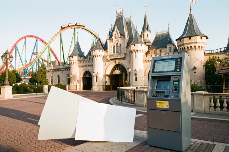 Entrée élégante d’un parc d’attractions européen avec un kiosque de billetterie moderne et un billet vierge au premier plan.