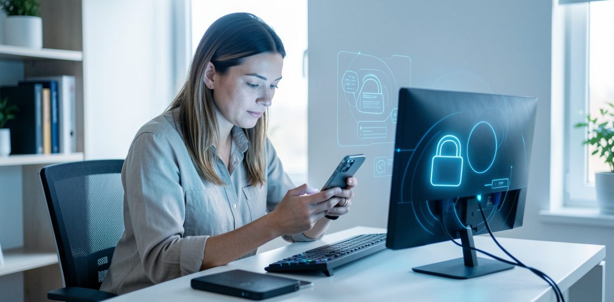 Femme travaillant devant un ordinateur sécurisé, avec un smartphone et un cadenas lumineux dans une ambiance moderne et rassurante.