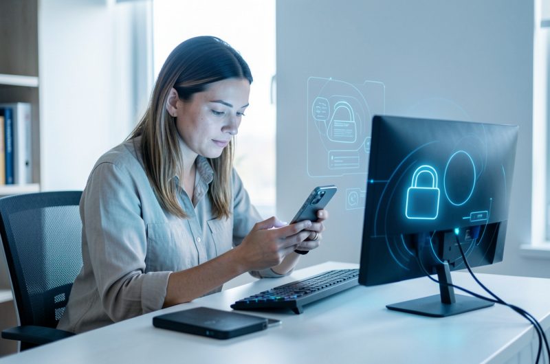 Femme travaillant devant un ordinateur sécurisé, avec un smartphone et un cadenas lumineux dans une ambiance moderne et rassurante.