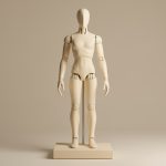 Mannequin articulé neutre présenté sur un socle dans un studio épuré, éclairé par une lumière douce.