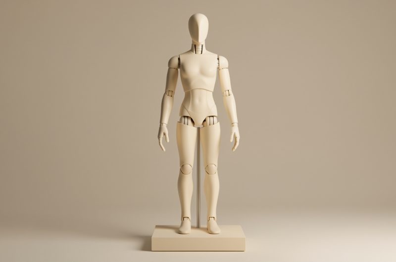 Mannequin articulé neutre présenté sur un socle dans un studio épuré, éclairé par une lumière douce.