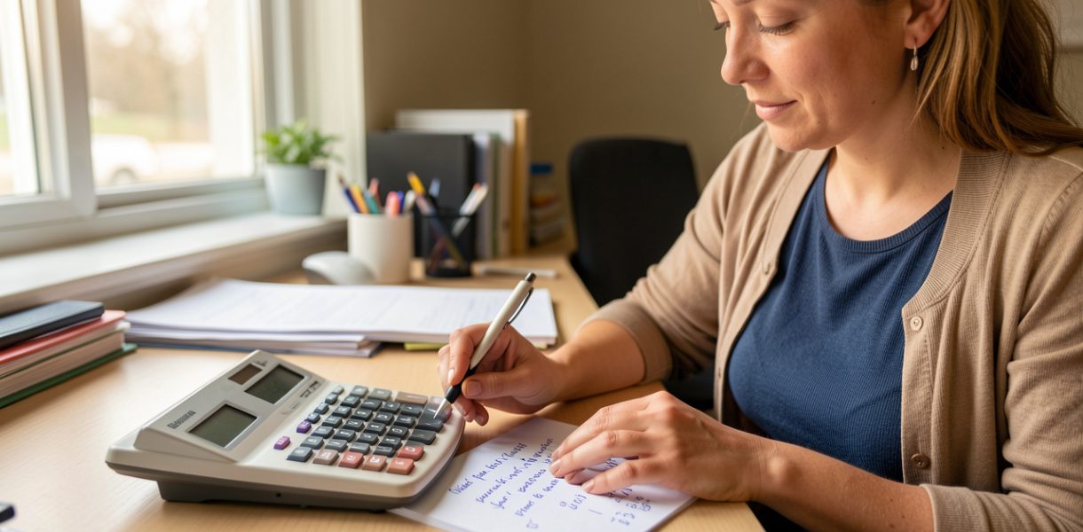 Une femme vérifie ses heures de travail à l’aide d’une calculette sur un bureau avant la paie.