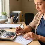 Une femme vérifie ses heures de travail à l’aide d’une calculette sur un bureau avant la paie.