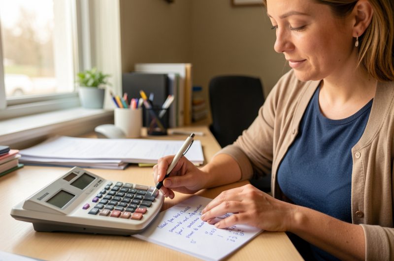 Une femme vérifie ses heures de travail à l’aide d’une calculette sur un bureau avant la paie.