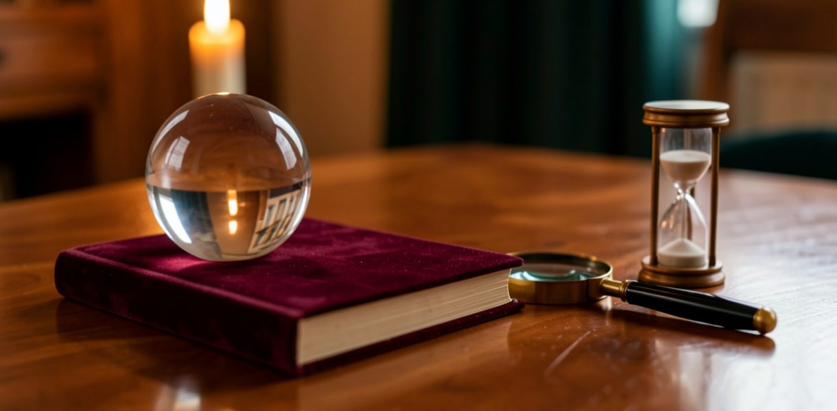 Nature morte élégante avec une boule de cristal, un carnet fermé, une loupe et un sablier sur une table en bois, évoquant la vérification attentive d’une offre de voyance.