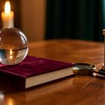 Nature morte élégante avec une boule de cristal, un carnet fermé, une loupe et un sablier sur une table en bois, évoquant la vérification attentive d’une offre de voyance.