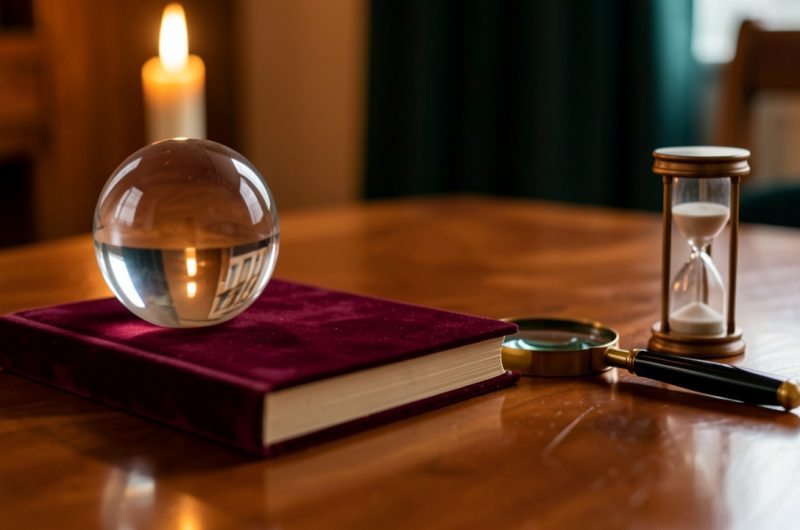 Nature morte élégante avec une boule de cristal, un carnet fermé, une loupe et un sablier sur une table en bois, évoquant la vérification attentive d’une offre de voyance.