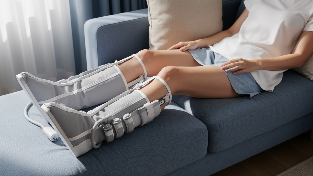 Bottes de pressothérapie installées sur les jambes d’une femme allongée confortablement à domicile.