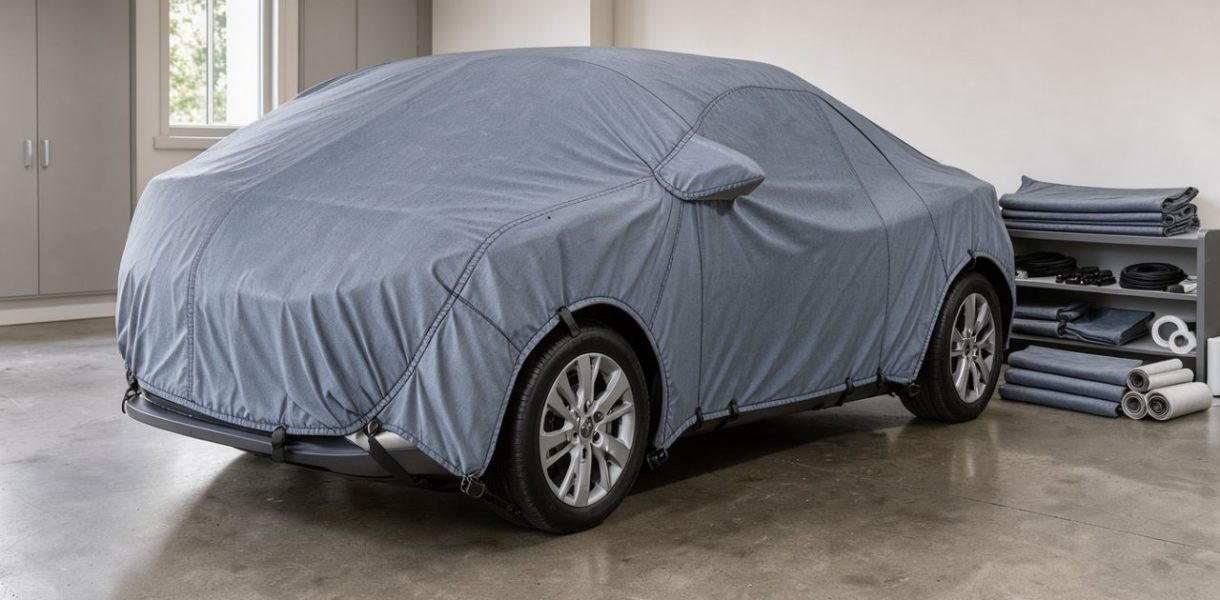 Voiture moderne argentée recouverte d’une bâche de protection ajustée dans un garage propre.