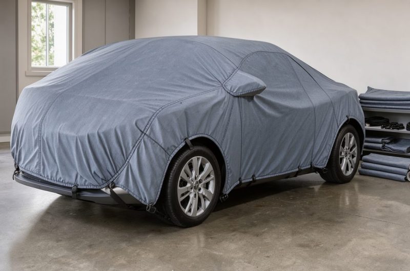 Voiture moderne argentée recouverte d’une bâche de protection ajustée dans un garage propre.