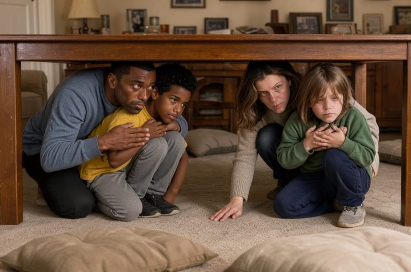 Une famille composée d’un homme, d’une femme et de deux enfants se protège sous une table robuste, loin des fenêtres, dans un salon pendant un séisme.