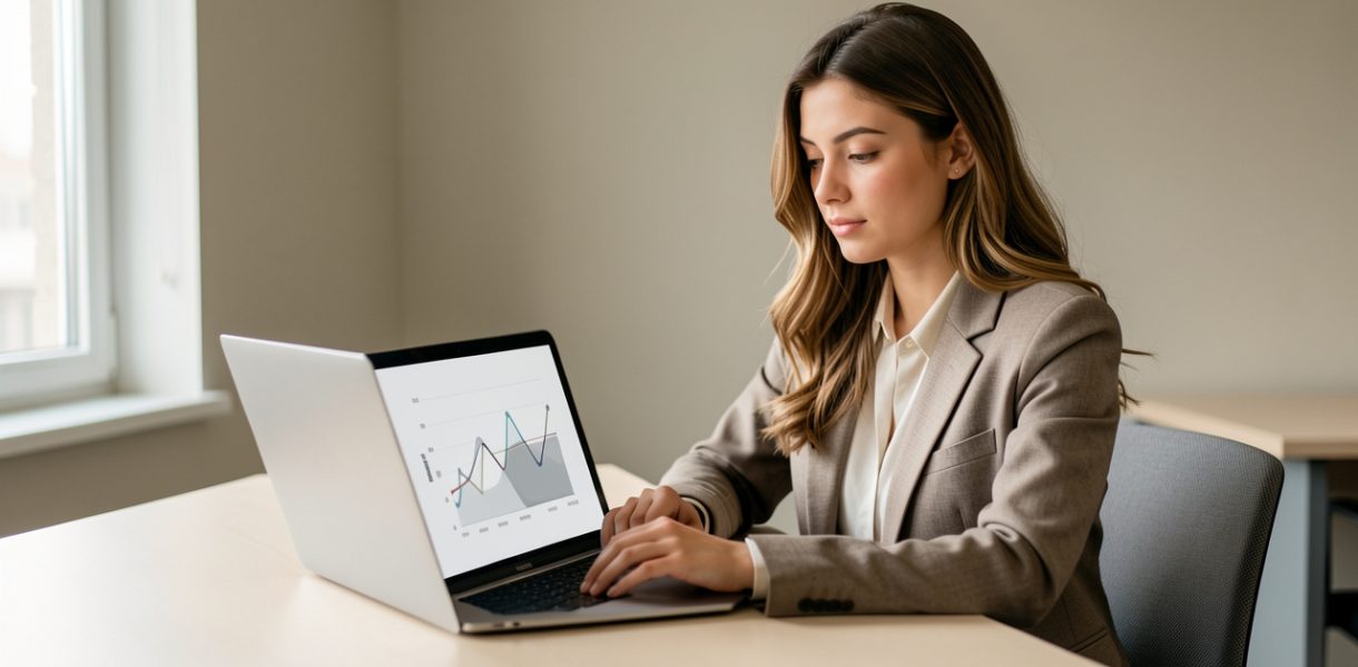 Jeune diplômée consultant sur un ordinateur portable affichant des graphiques visuels sans texte, dans un bureau sobre et moderne.